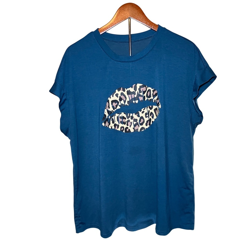 Leopard Lips Graphic T-Shirt Womens 2X Teal Blue Good Cap Sleeve